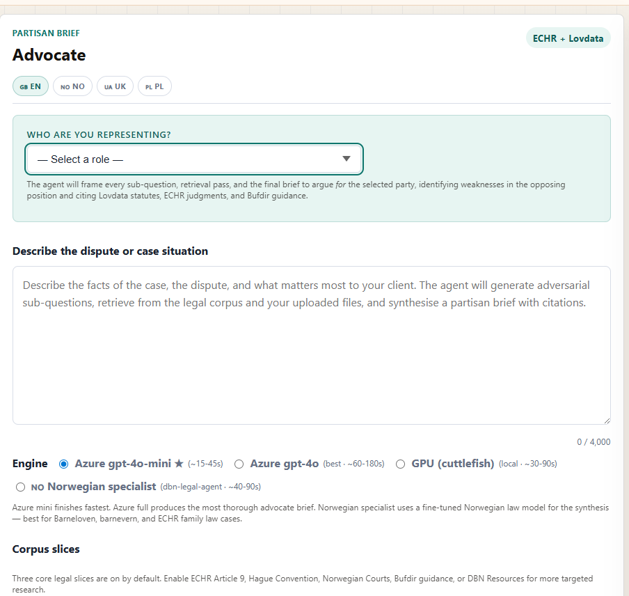 Advocate form top showing language pills, role selector, and engine options