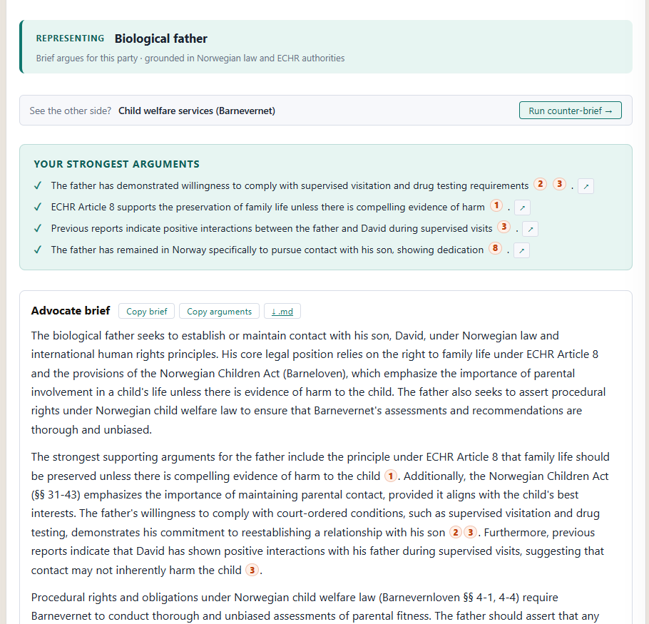 Output — strongest arguments and advocate brief with citations