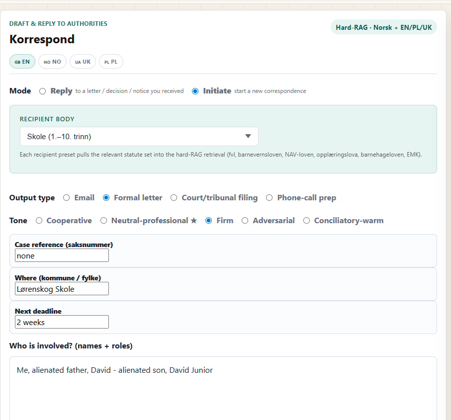 Korrespond form — mode toggle, recipient body, output type, tone