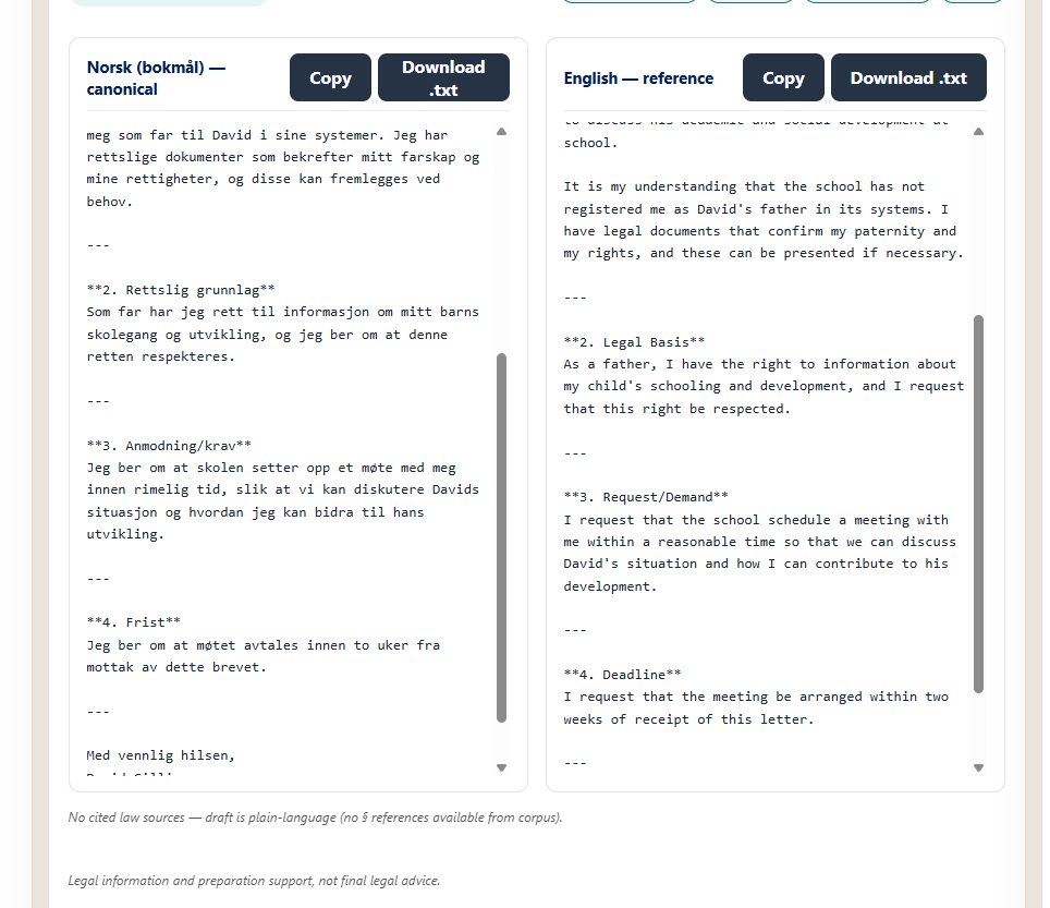 Two-column draft output — Norwegian bokmål and English side by side