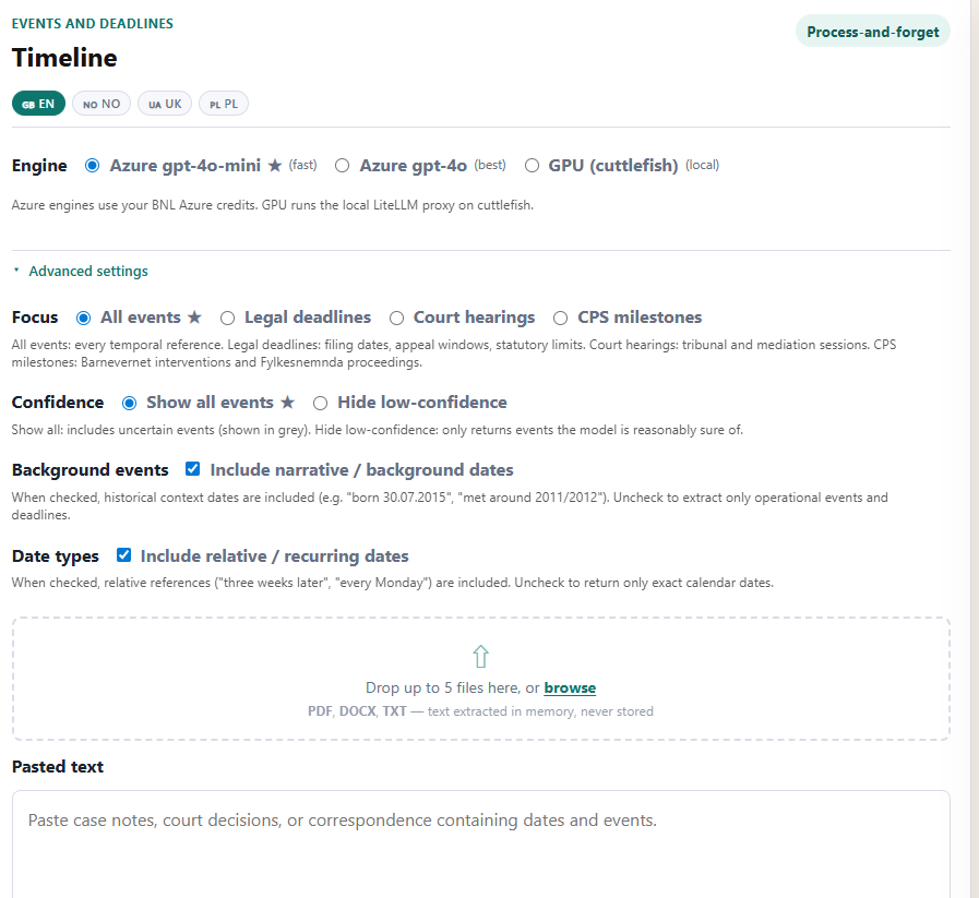 Timeline form showing engine selection, advanced settings panel, and file upload zone