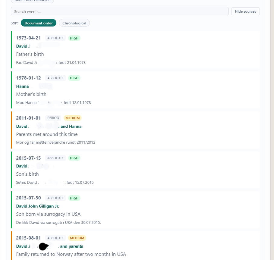 Timeline output showing date cards with ABSOLUTE badge, HIGH confidence, actor names, event descriptions, and source excerpts
