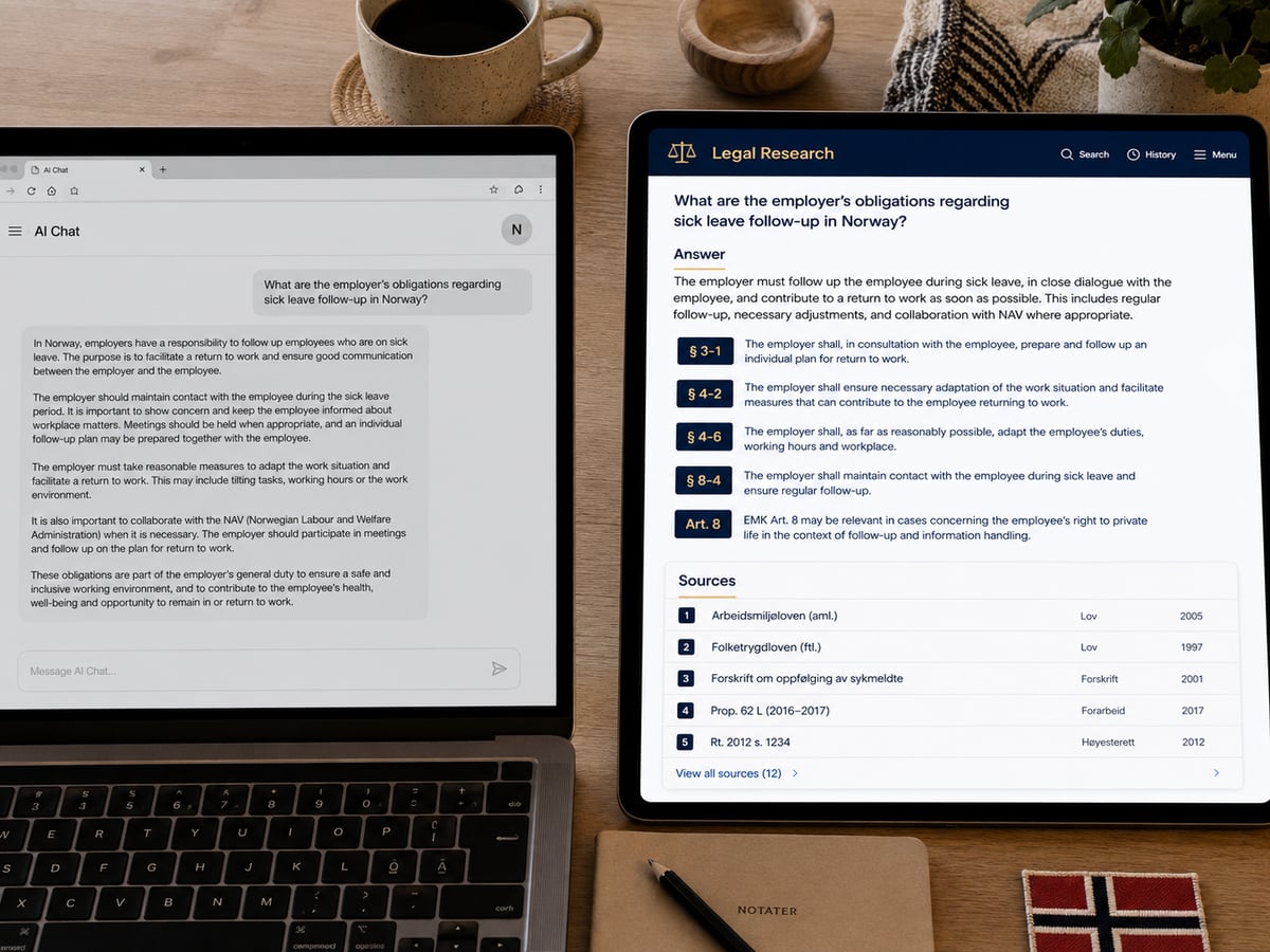 Two browser windows on a desk: the left shows a vague, uncited AI chat response; the right shows a precise legal tool answer with numbered citations glowing in navy and gold.