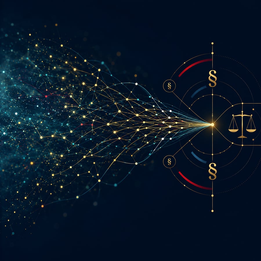 Abstract illustration: a neural network converges from broad diffuse light on the left to a sharp focused point surrounded by Norwegian legal symbols on the right.
