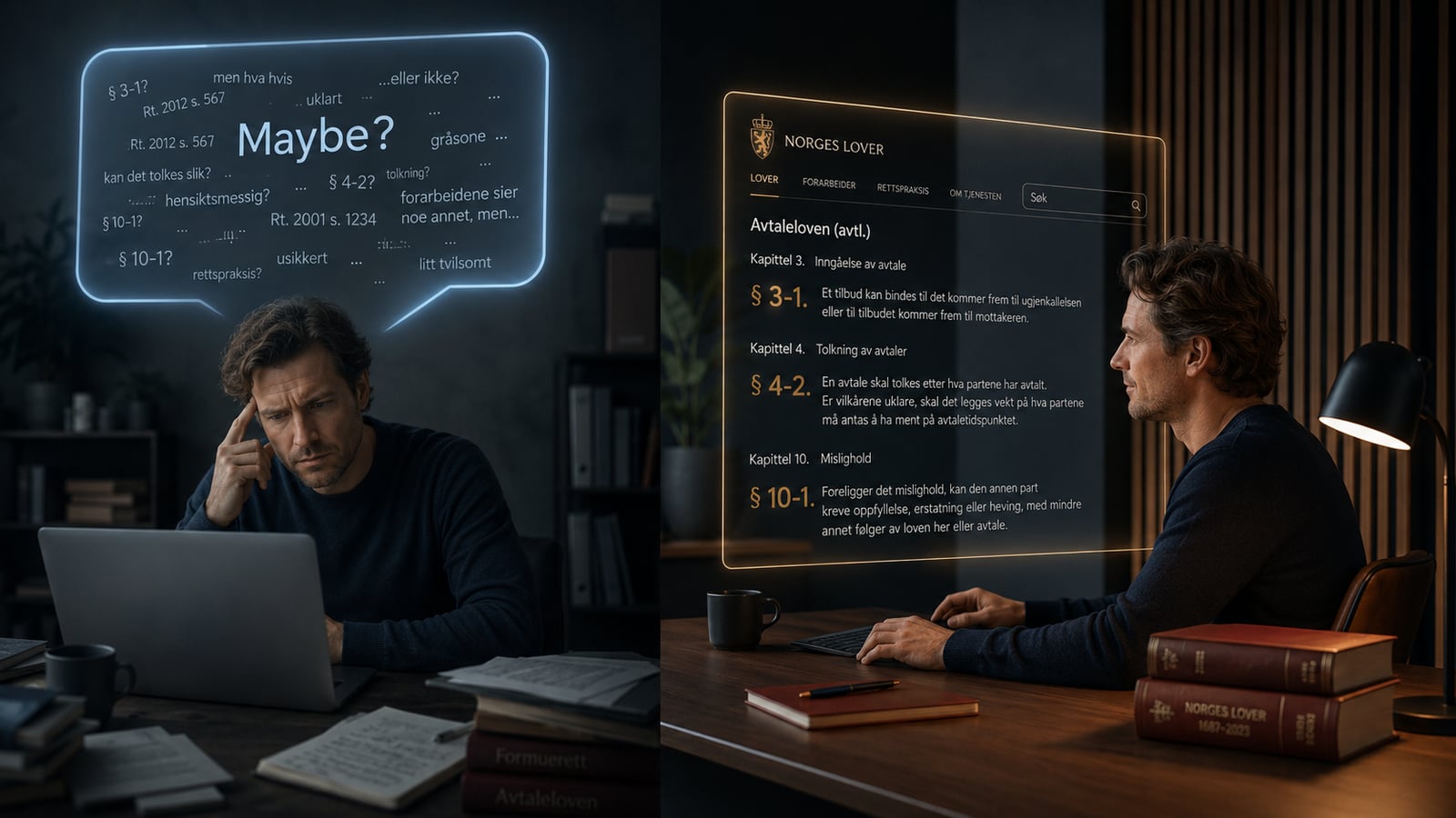 Split composition: left side shows a person at a laptop with a vague "Maybe?" AI response; right side shows the same person at a clean Nordic desk with precise law citations glowing in gold.