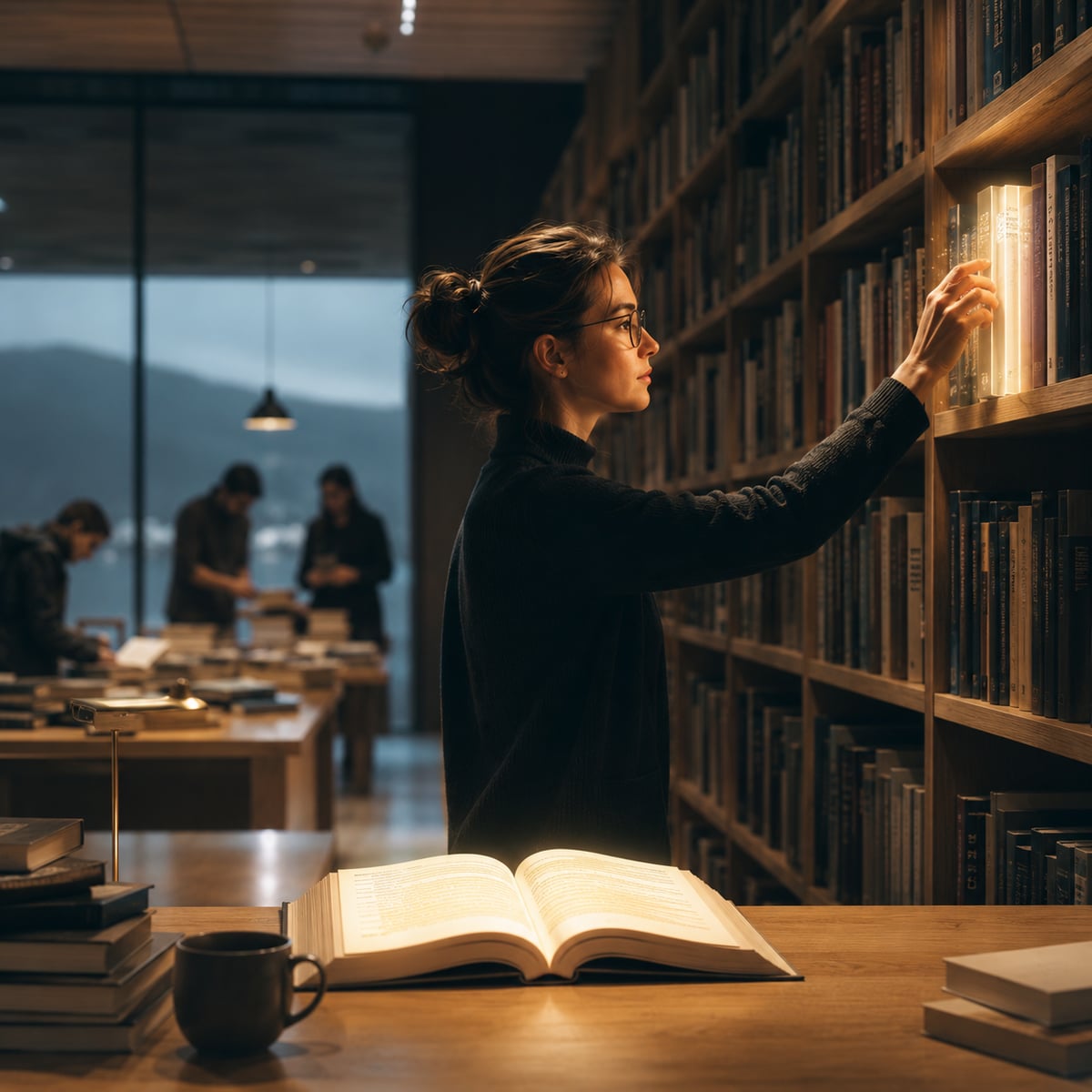 A warm Nordic library interior where a librarian reaches for a glowing book on a precise shelf, while shadowy figures fumble with random piles of books in the background.